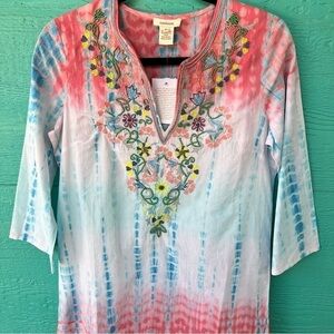 SUNDANCE OMBRÉ TIE DYE BOHO EMBROIDERED BEADED TUNIC TOP SIZE XS NWT